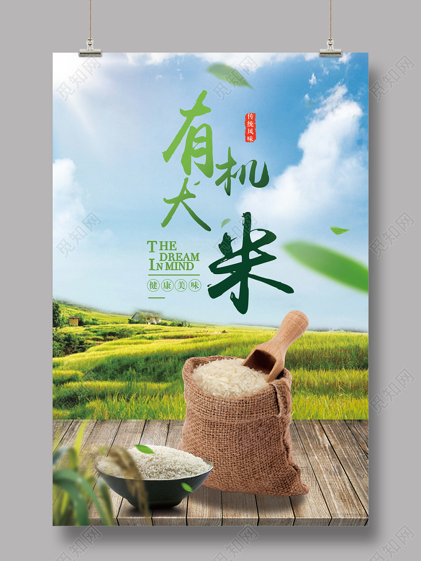 蓝色简约有机大米五谷杂粮农作物海报