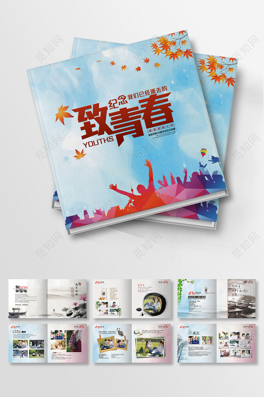 毕业纪念册蓝色清新中国水墨风同学聚会同学录纪念画册设计模板
