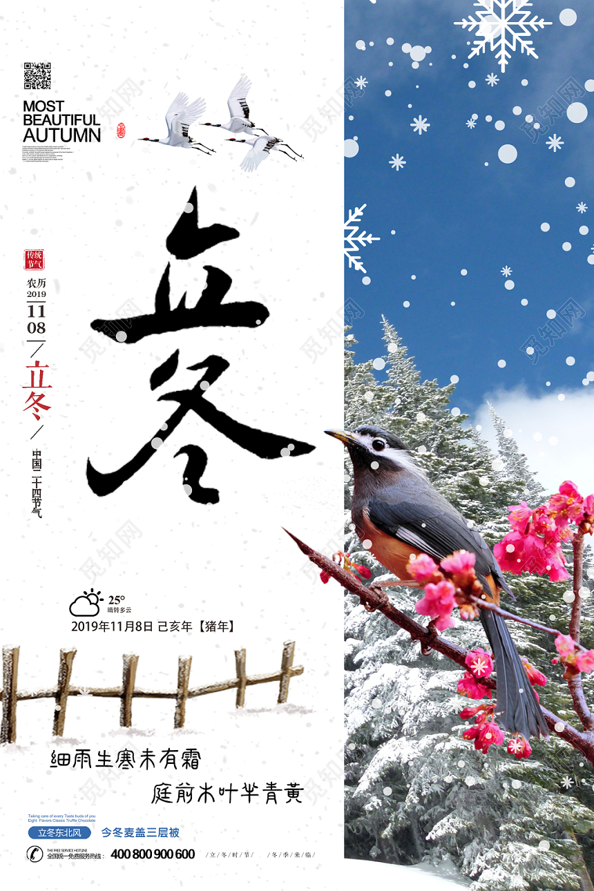 中国传统节日二十四节气立冬雪花白蓝风格宣传海报