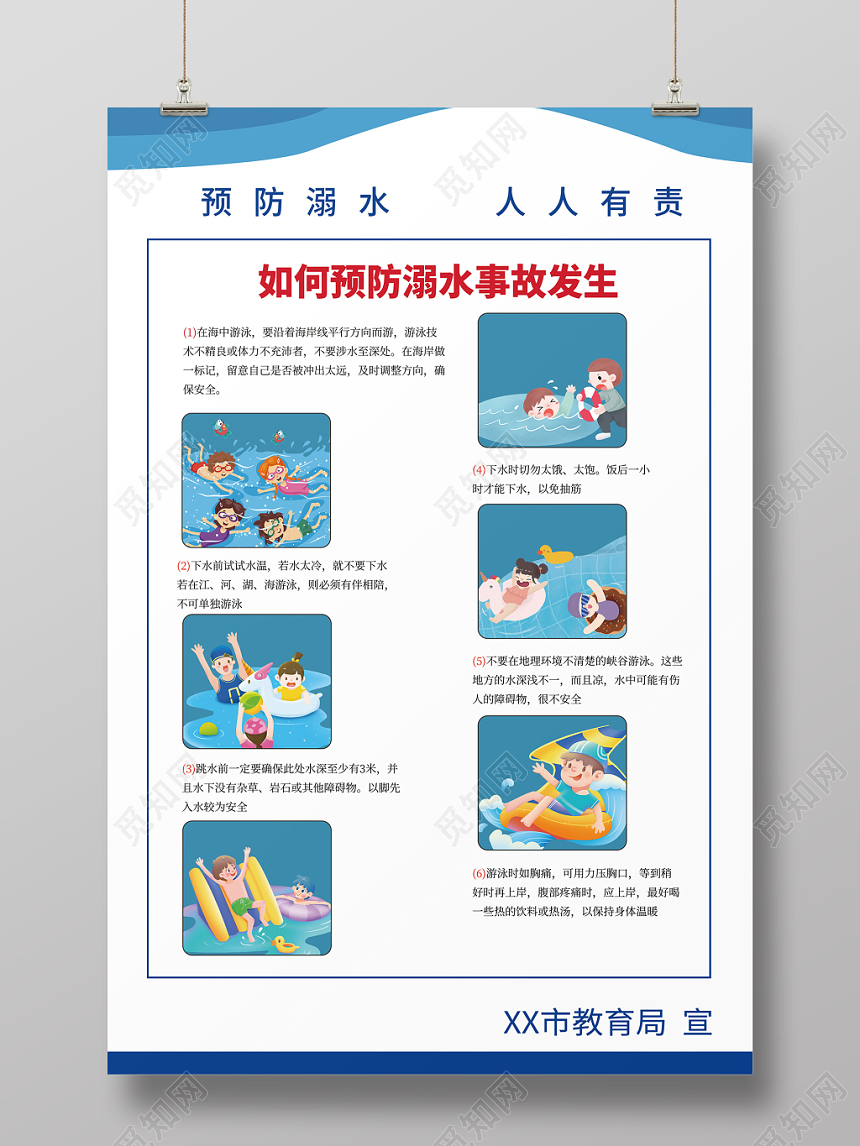 预防溺水人人有责卡通宣传标识海报