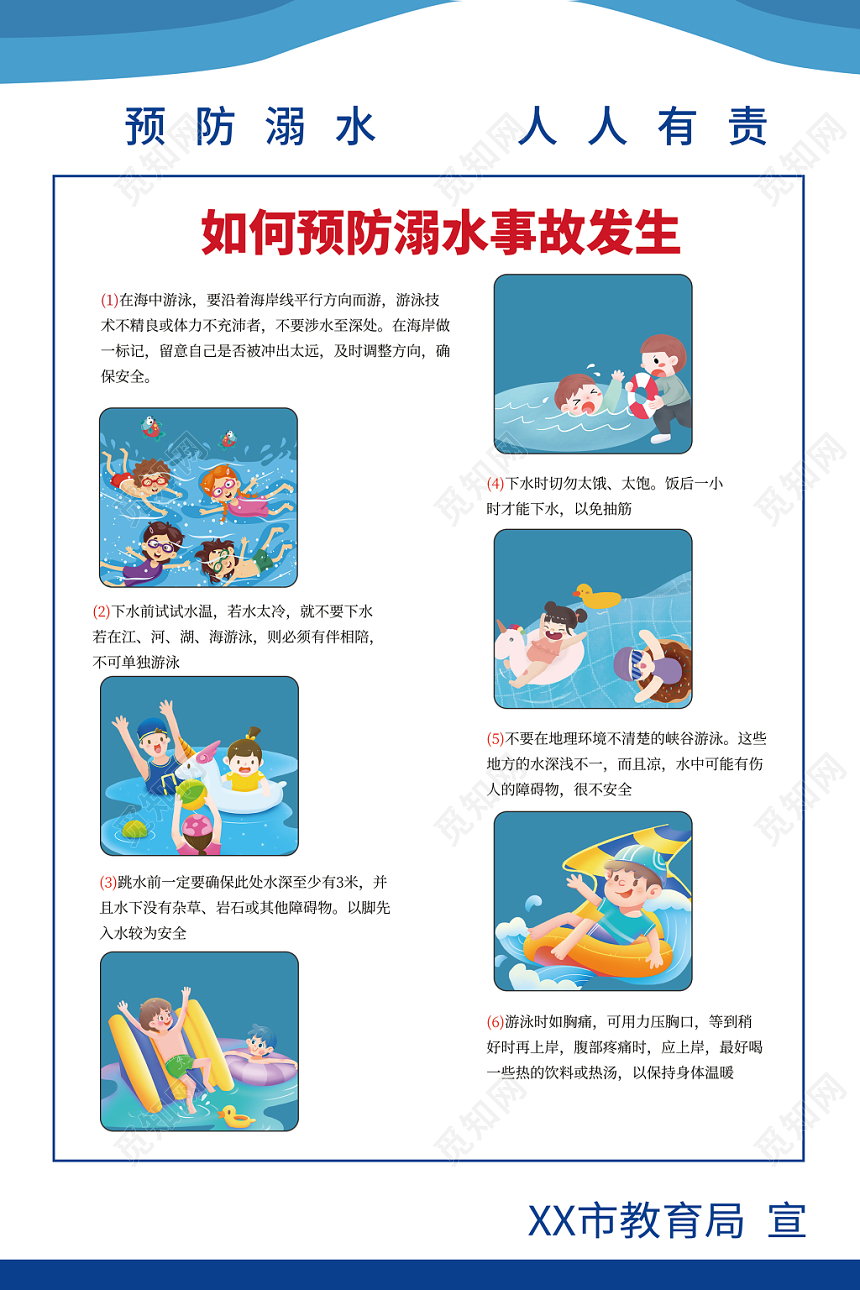 预防溺水人人有责卡通宣传标识海报