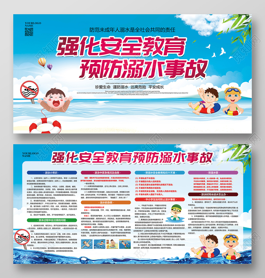 蓝色简约强化安全教育预防溺水事故展板宣传栏