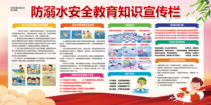 红色大气防溺水安全教育展板宣传栏