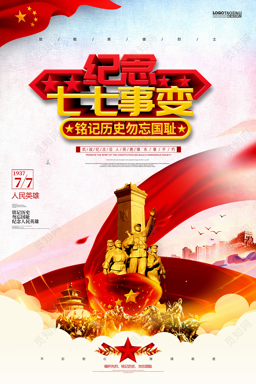纪念七七事变铭记历史勿忘国耻党政党建宣传海报