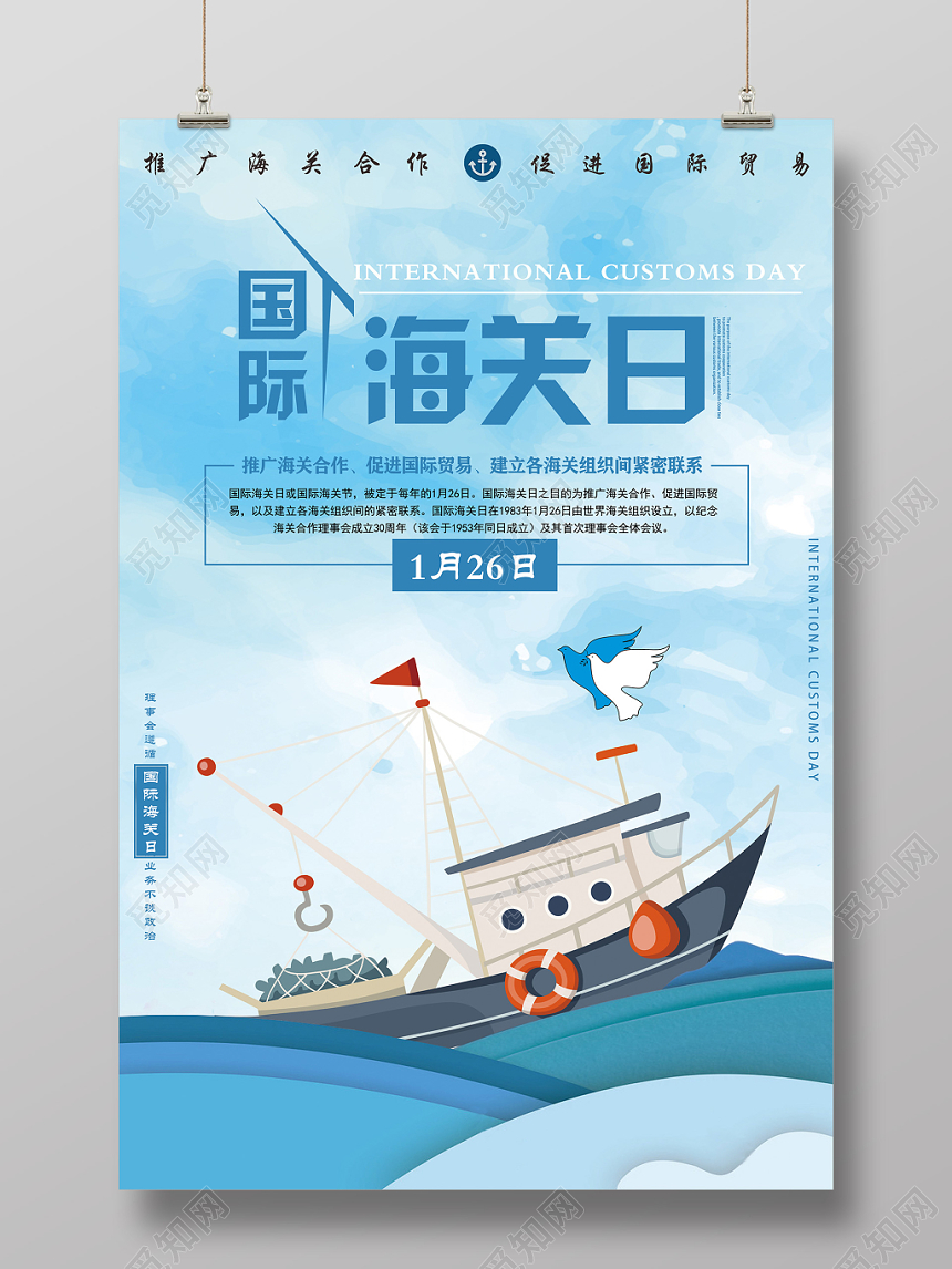 清新剪纸卡通风格国际海关日海报模板