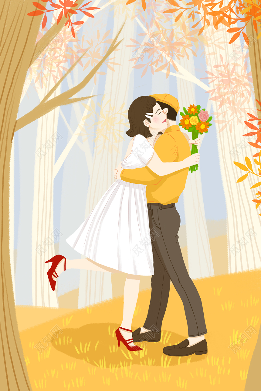 卡通立秋情侣原创插画海报