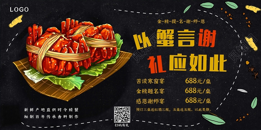 黑色大气毕业季谢师宴以蟹言谢礼应如此宣传展板