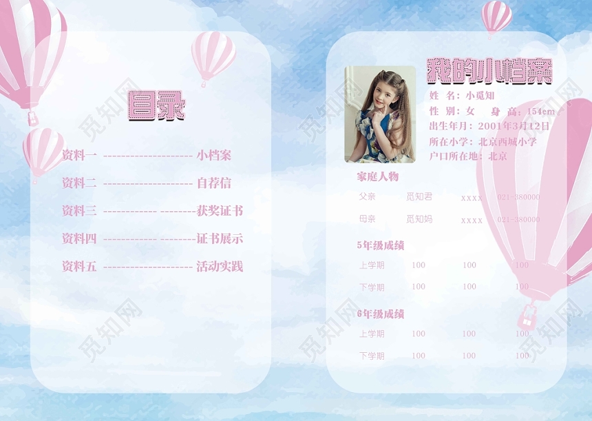 蓝天白云热气球简约设计小升初简历