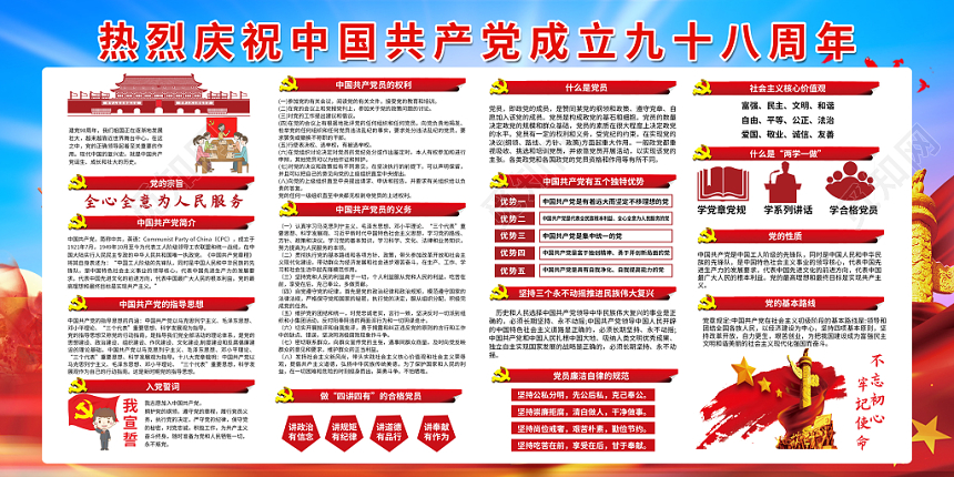 2019荣耀98载纪念中共成立98周年七一建党节党政党建展板