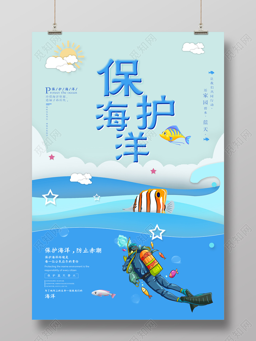 蓝色扁平插画保护海洋防止赤潮海报