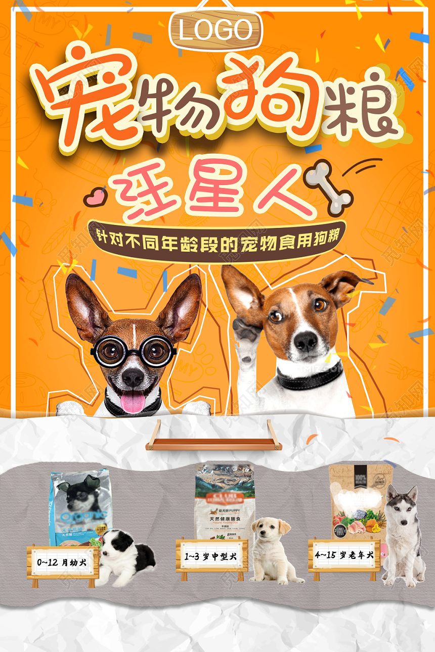 橙色卡通宠物店狗狗粮海报