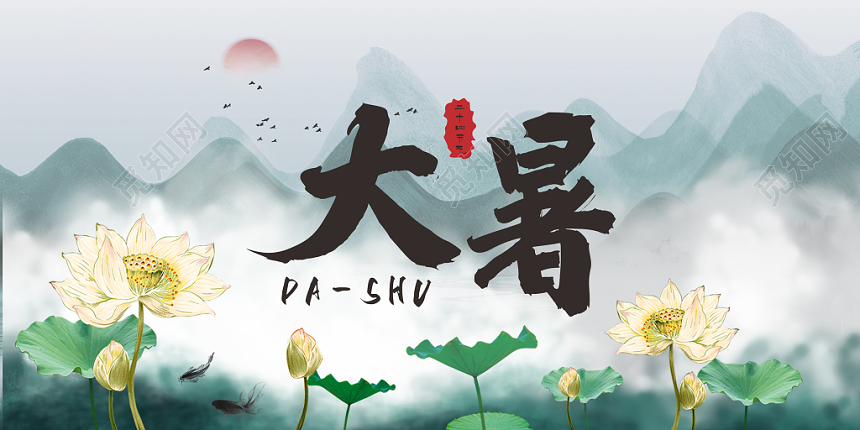 复古荷花大暑二十四节气展板