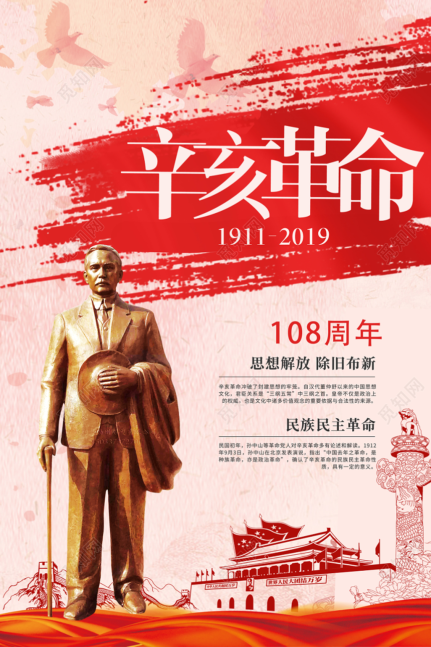 红色严肃辛亥革命108周年思想解放除旧布新海报