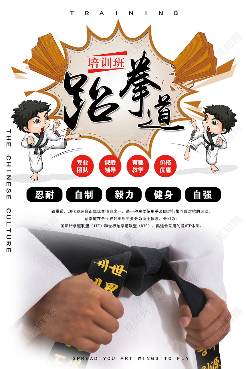 跆拳道海报简约卡通培训班跆拳道体系有趣教学价格优惠