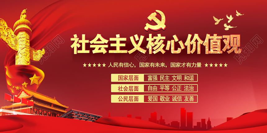 红色大气社会主义核心价值观党建展板