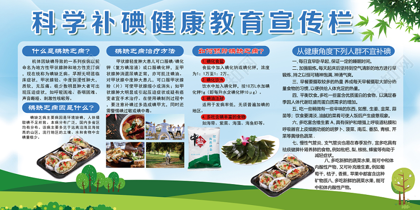 蓝天草地简洁清爽科学补碘健康教育宣传栏展板