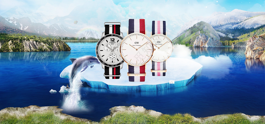 清新大气简洁蓝色白色淘宝购物手表banner