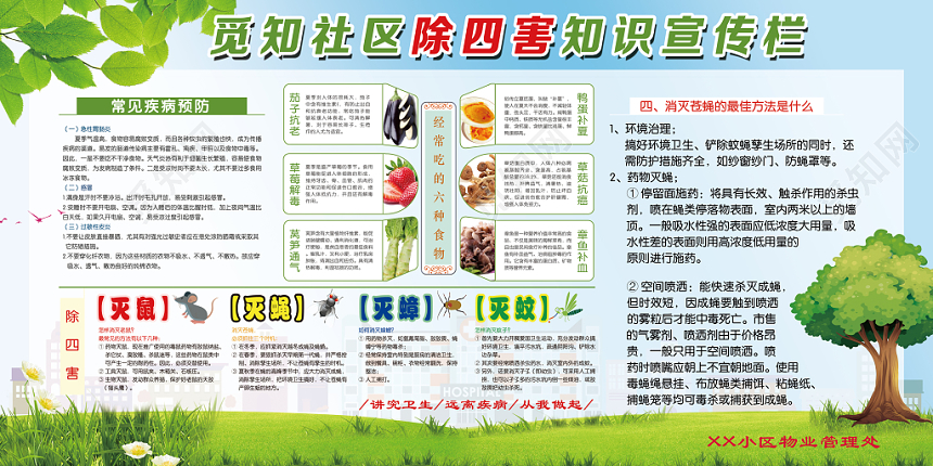 卫生健康教育宣传栏社区打造清新绿色社区除四害知识健康教育宣传栏展板