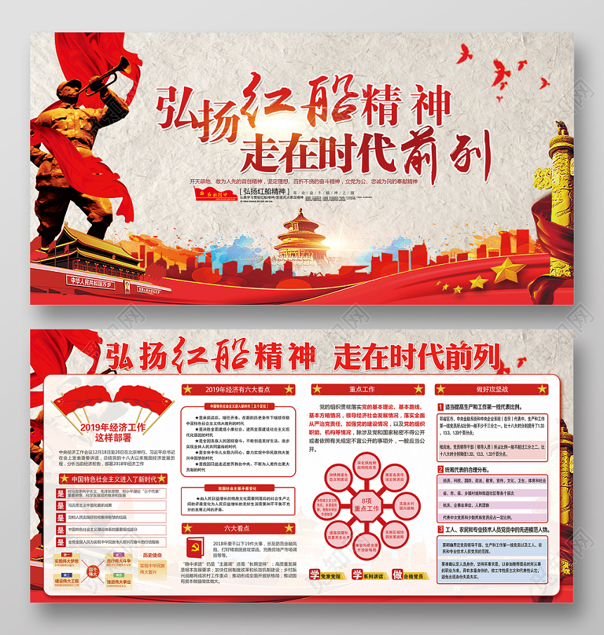 红色简约弘扬红船精神走在时代前列党政党课党建宣传展板