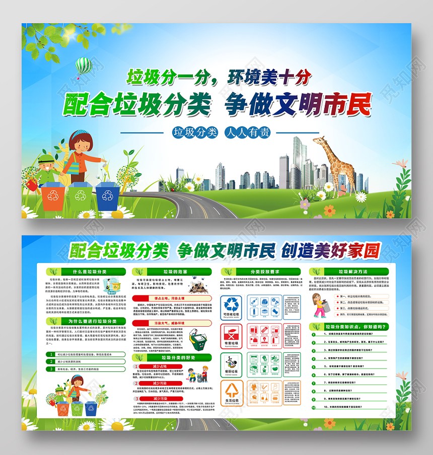 蓝色大气垃圾分类宣传创建文明城市公益宣传栏展板设计