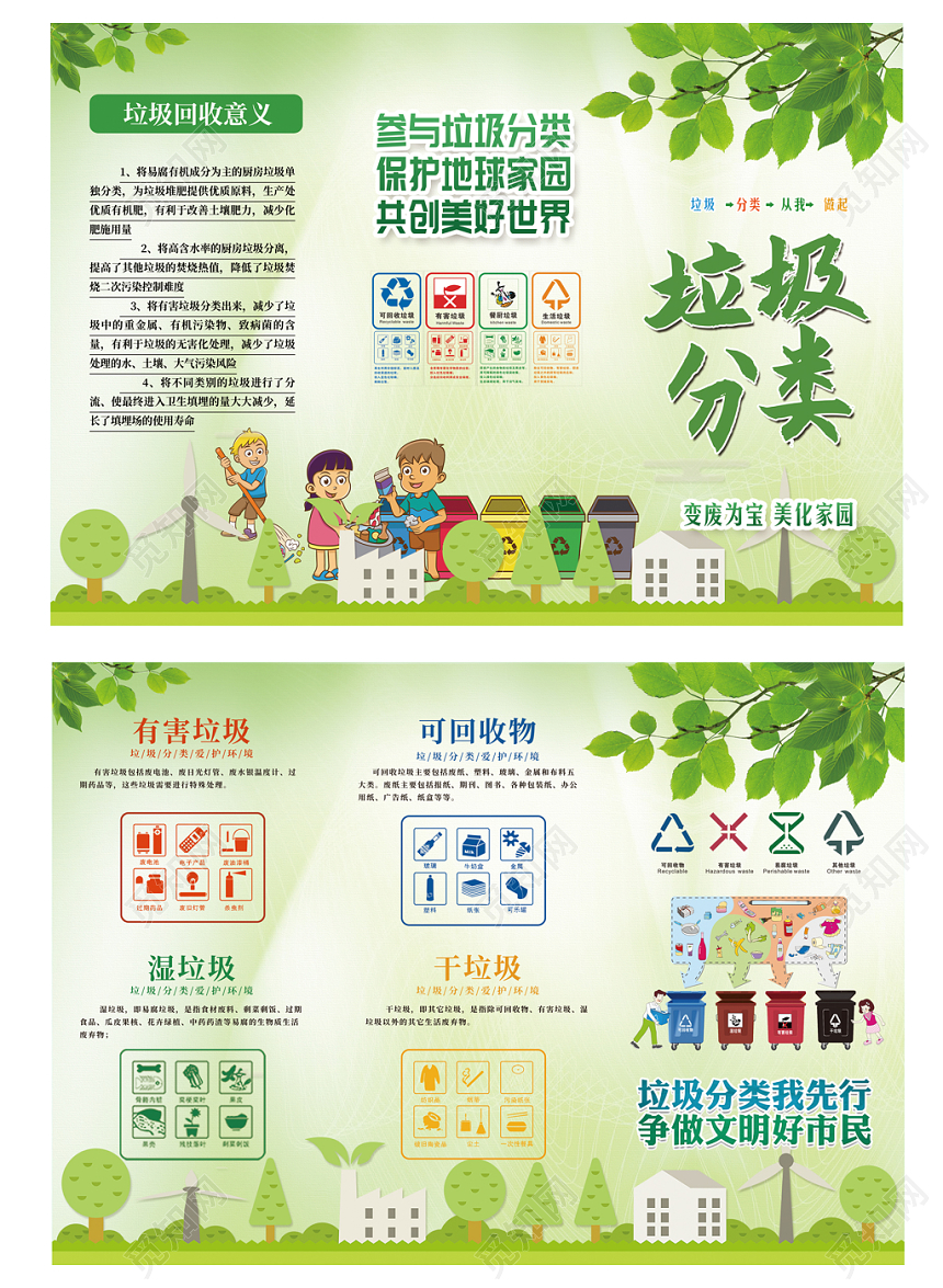 绿色清新垃圾分类三折页