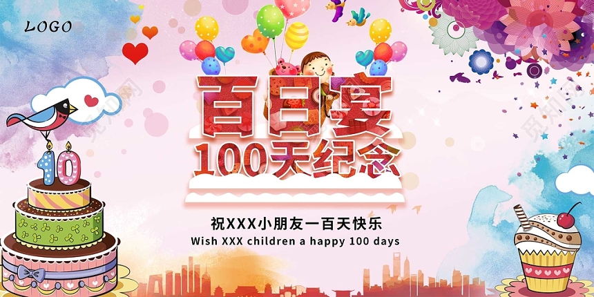 生日百日宴水彩水墨展板
