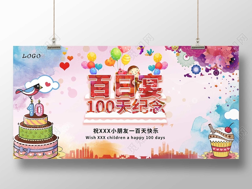 生日百日宴水彩水墨展板