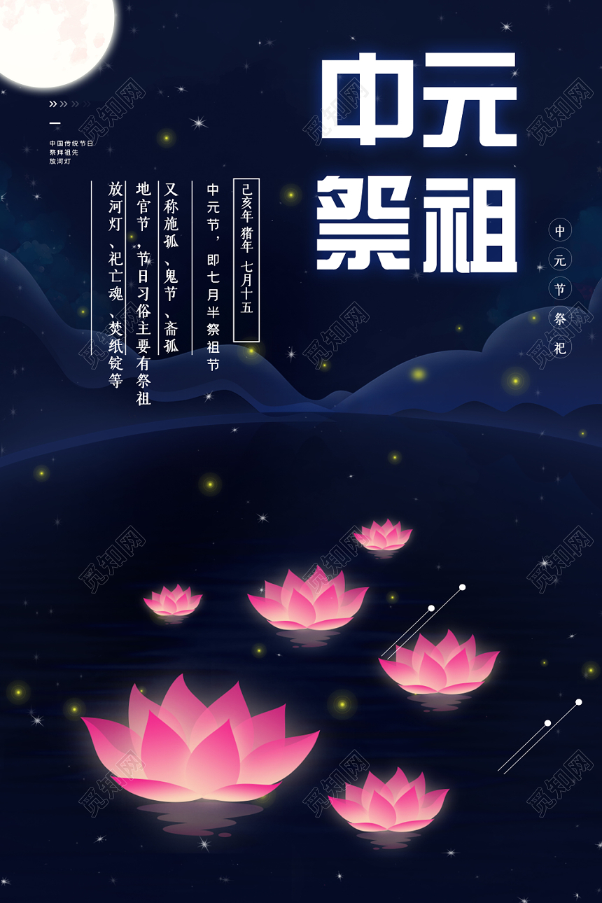 简约风中国传统节日中元节祭祖海报