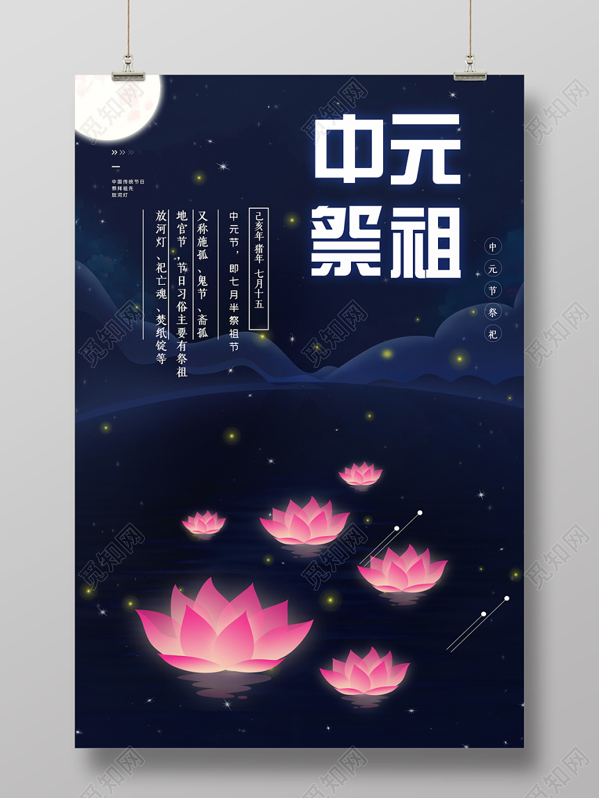 简约风中国传统节日中元节祭祖海报