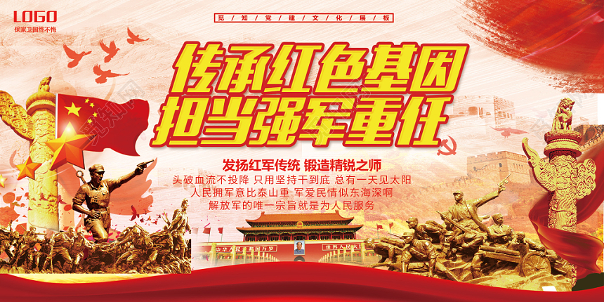 战士红色传承红色基因担当强军重任党建党课党政展板