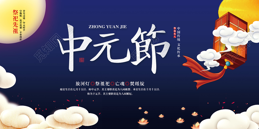 蓝色简约传统节日中月节七月半祭祀宣传展板