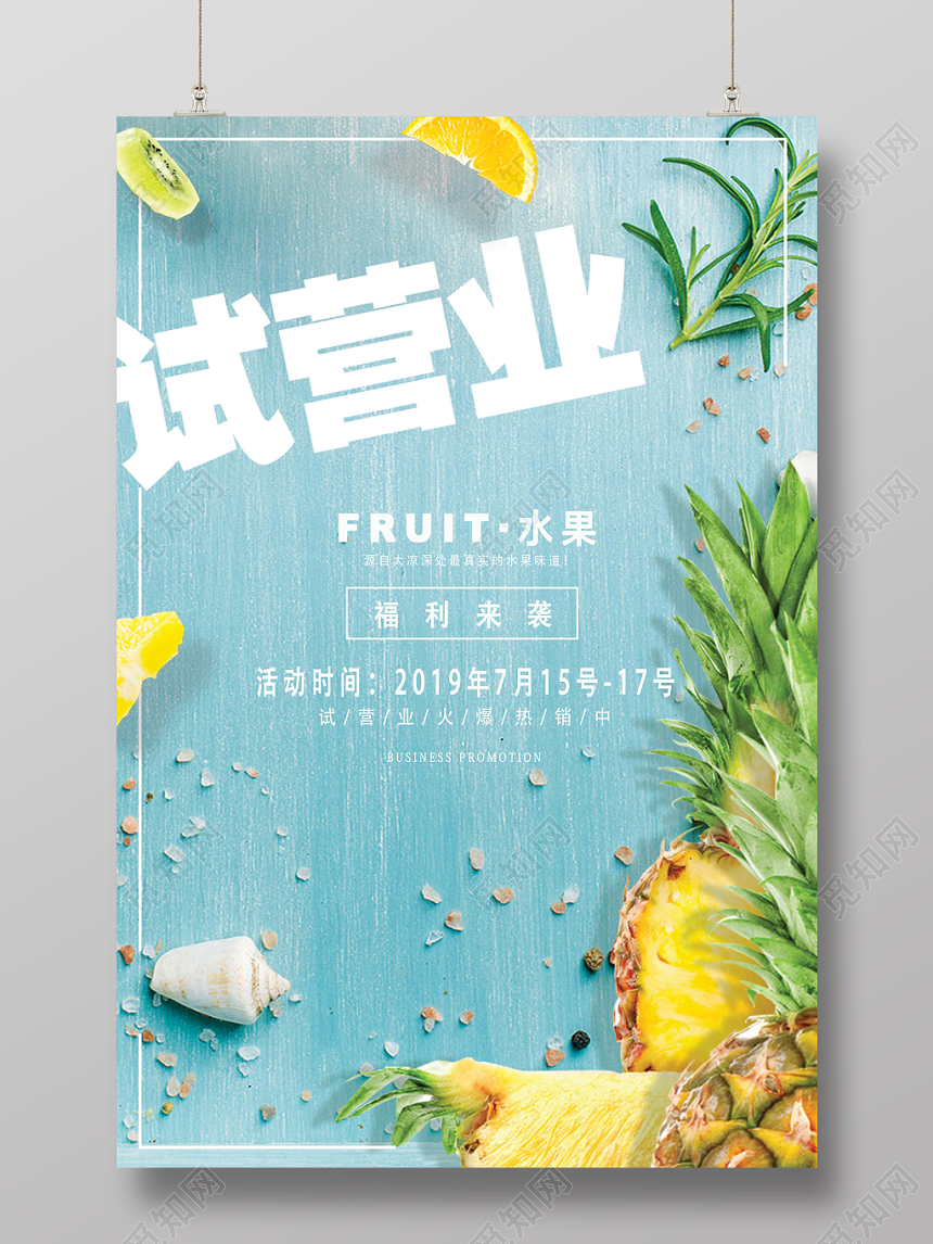 蓝色小清新水果试营业促销宣传海报