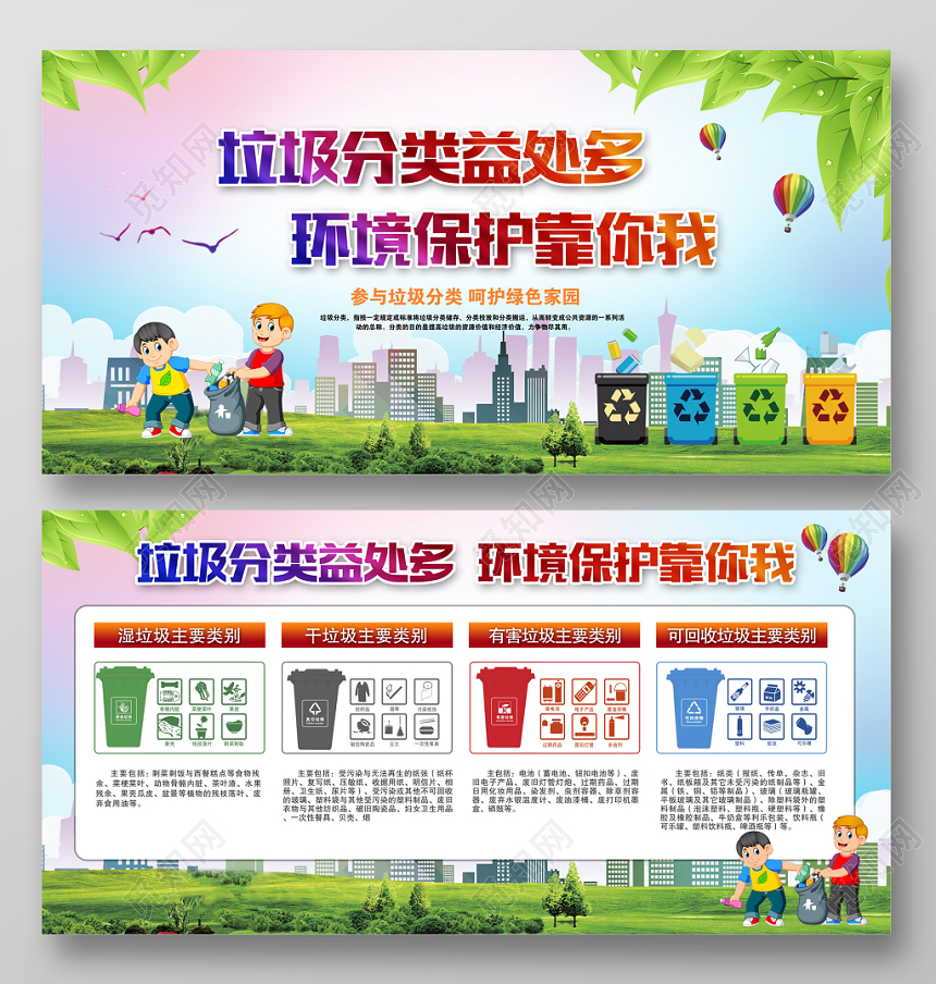 绿色垃圾分类益处多环境保护靠你我文明城市公益宣传栏设计