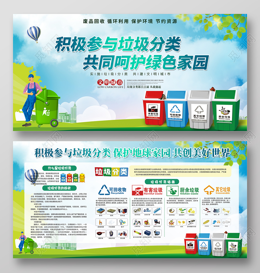 大气创建文明城市垃圾分类保护环境公益宣传栏展板psd模板