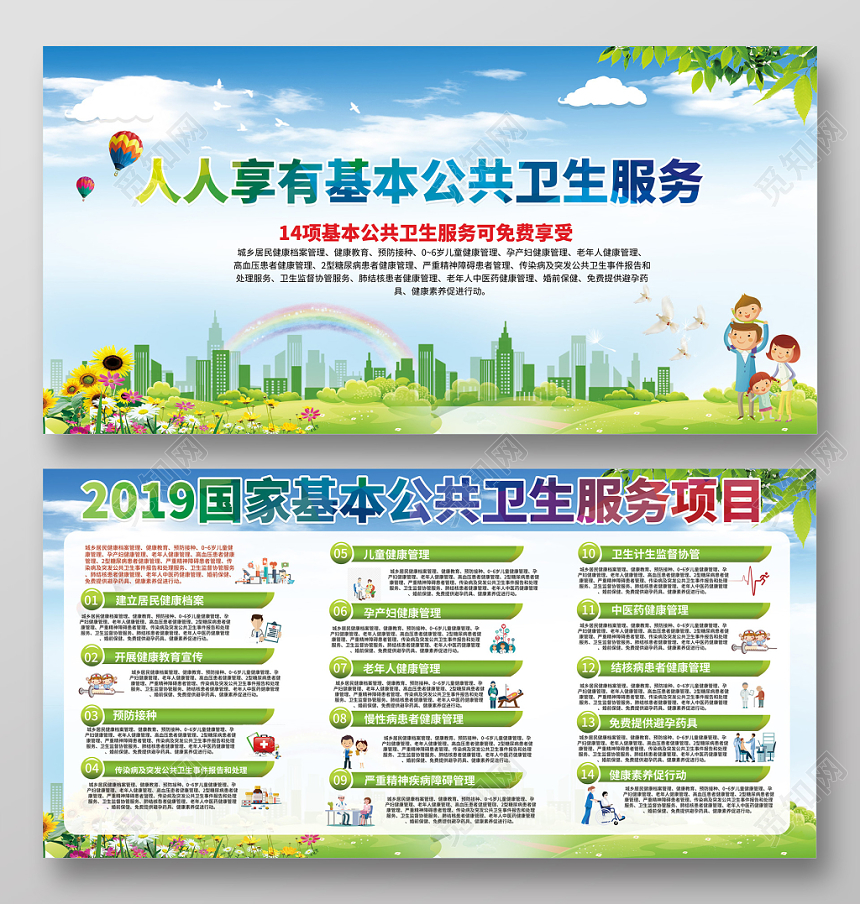 人人享有健康教育基本公共卫生服务天空白云草地背景展板
