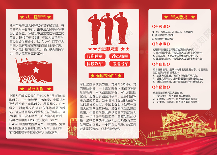 红色简约军歌嘹亮荣耀建军九十二周年纪念党建党政党课三折页