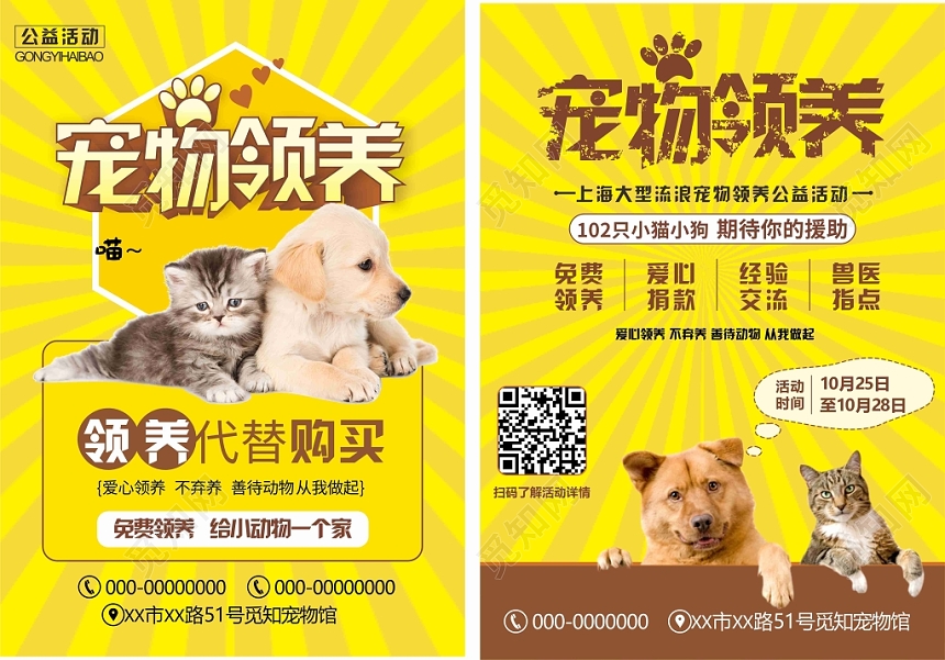 宠物领养黄色几何猫狗平面设计宠物店活动宣传单页