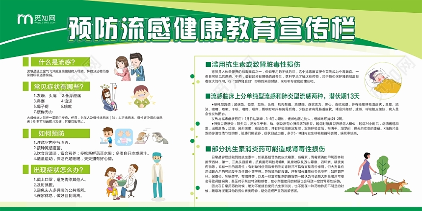 预防流感绿色渐变风卡通平面设计健康教育宣传栏