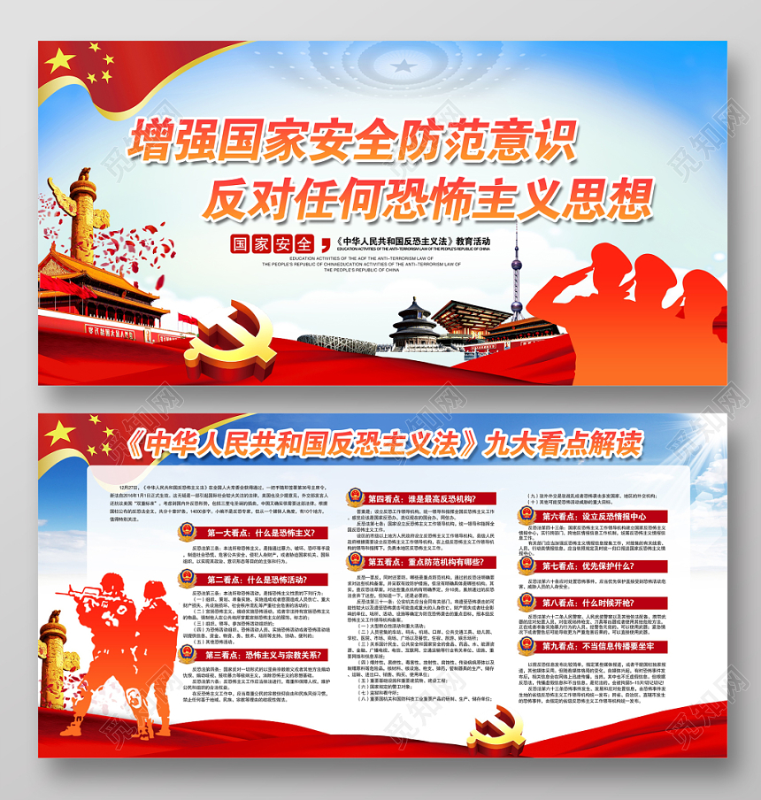 大气党政党课党建公安警察党务宣传加强反恐国家安全教育常识展板
