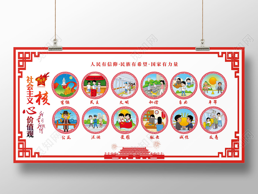 党建党课党政核心价值观宣传栏红色简约创意大气展板
