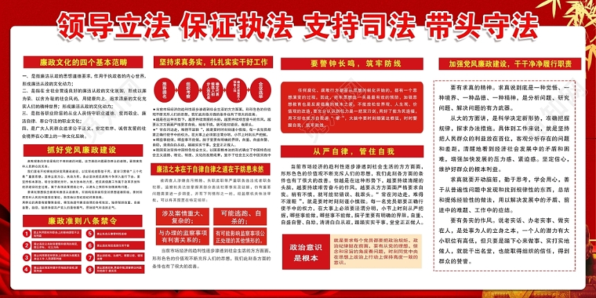 红色领导立法保证执法支持司法带头守法依法治国党建党政党课展板