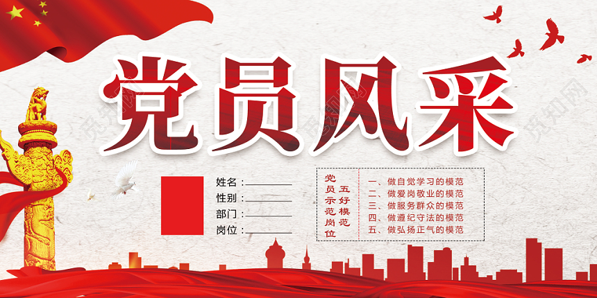 红色中国风党员风采党建党政党课展板