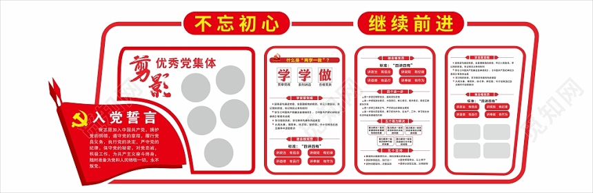 不忘初心继续前进入党誓言党建党政党课中国红简约风文化墙