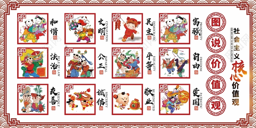 社区打造中国风社会主义核心价值观党政党建党课宣传展板