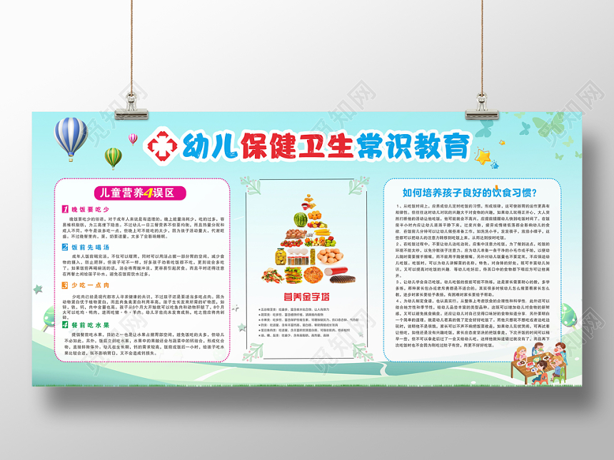 自然活泼蓝色配色幼儿保健卫生常识教育单面展板设计模板