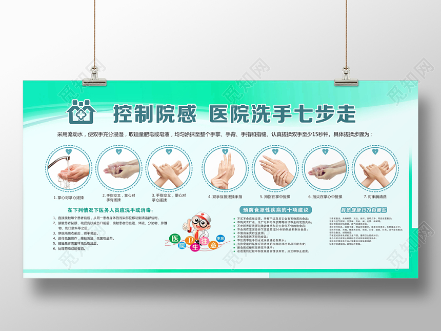 消毒简约清新蓝色配色医院洗手七步走单面展板设计模板