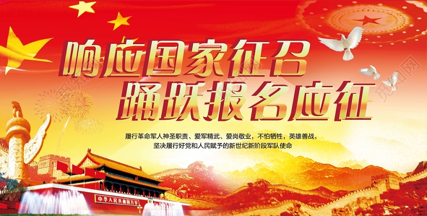 响应国家征召踊跃报名应征2019年度征兵策略解读展板