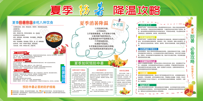 绿色简单卡通夏季防暑健康教育展板