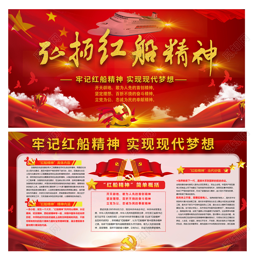 红色大气弘扬红船精神党政党建党课宣传展板设计