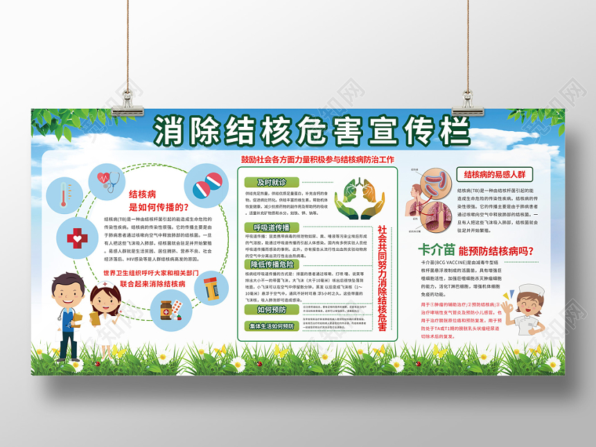 蓝天清新草地背景消除结核危害健康教育宣传栏展板